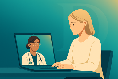 Woman attending an online telehealth consultation for UTI symptoms with an Australian doctor via laptop from home.